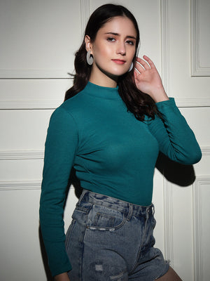 TANDUL  Women Solid High Neck Dark Green Sweater