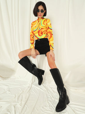 TANDUL  Women Printed High Neck Yellow Sweater
