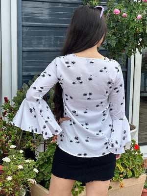 TANDUL Casual Bell Sleeves Printed Women White Top
