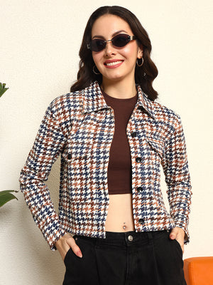 TANDUL Women Houndstooth Fleece Jacket