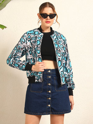 TANDUL Women's Blue and Black Snake Print Bomber Jacket
