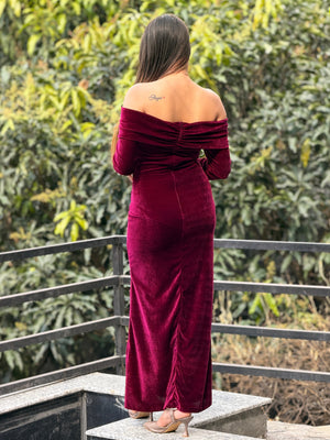 TANDUL Women Elengant Off Shoulder Maroon Velvet Dress