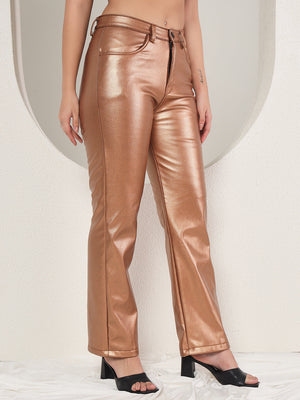 TANDUL  Women Regular Fit Gold Faux Leather Trousers