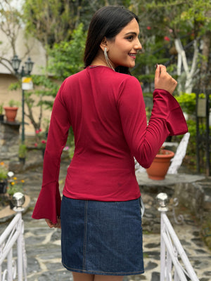 TANDUL Women Maroon Bell sleeves Top