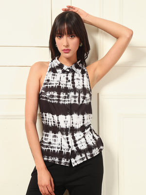 TANDUL Women Black and White Tie-dye Top