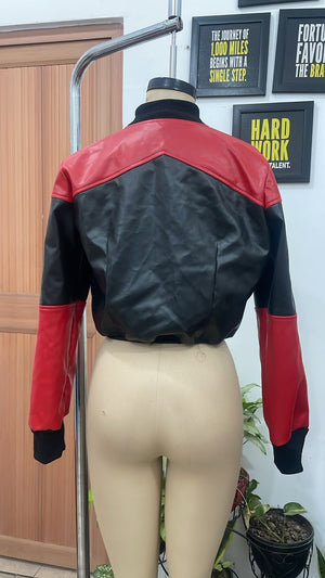 TANDUL Women’s Harley Quinn Inspired Red and Black Faux Leather Jacket