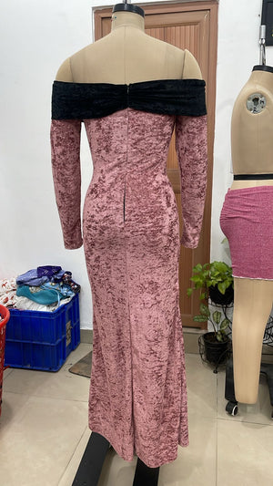 TANDUL Women Rose Gold Velvet Off-Shoulder Maxi Dress