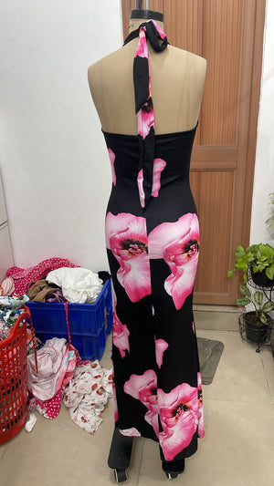 TANDUL Women Retro Pink Hibiscus Floral Halter Maxi Dress