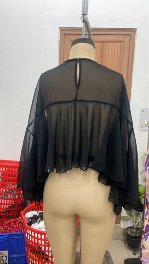 TANDUL Women's Black Sheer Cape Top