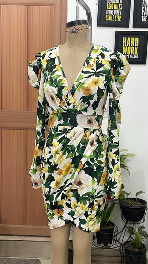 TANDUL Women Green and Yellow Floral Puff-Sleeve Mini Dress