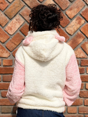 TANDUL Women Solid White and Pink Fur Hoodie