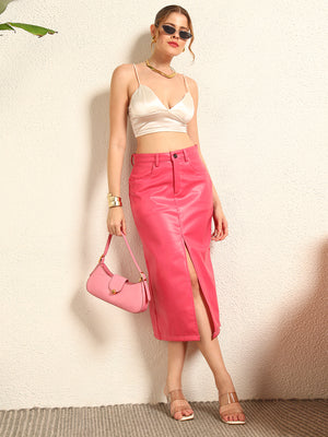 TANDUL Women Stunning Pink Leather Skirt
