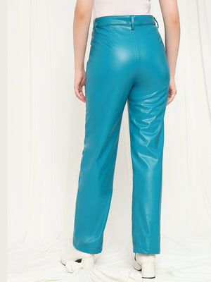 TANDUL  Women Regular Fit Light Blue Faux Leather Trousers