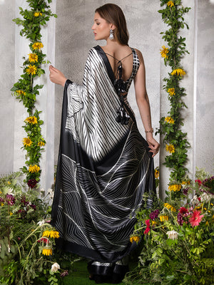 ELTIRE  Striped Bollywood Satin Saree  (Black)