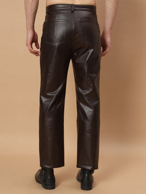TANDUL  Men Regular Fit Brown Faux Leather Trousers
