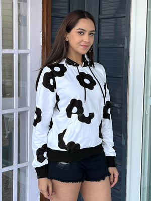 TANDUL Women Black and White Floral Hoodie