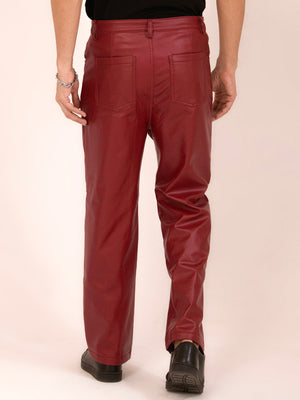 TANDUL  Men Regular Fit Maroon Faux Leather Trousers