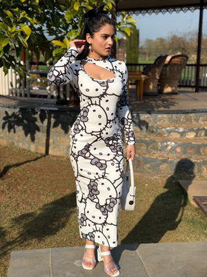 TANDUL White Kitty Printed Bodycon Dress