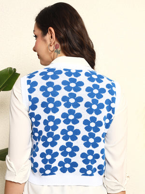 TANDUL Women Blue Floral Sleeveless Sweater