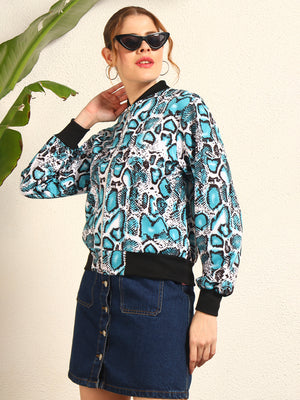 TANDUL Women's Blue and Black Snake Print Bomber Jacket