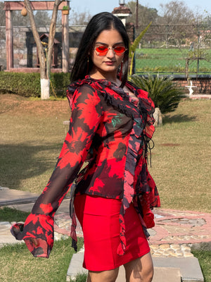TANDUL Women Stunning Red and Black Floral Top