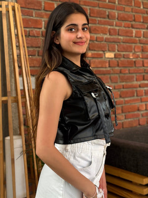 TANDUL Women Sleek Black Leather Crop Jacket