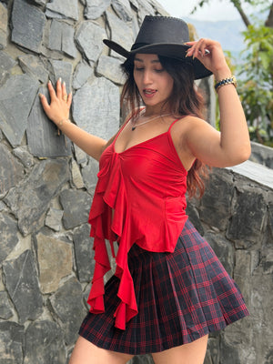 TANDUL Women Elegant Ruffled Red Top