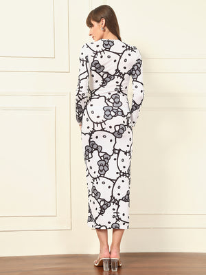 TANDUL White Kitty Printed Bodycon Dress
