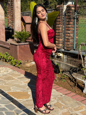 TANDUL Women Stunning Maroon Velvet Bodycon Dress