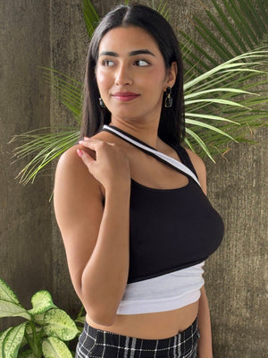 TANDUL Women Black and White Rib Top