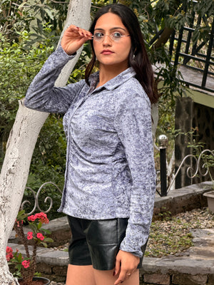 TANDUL Women Casual Ruched Solid Grey Shirt