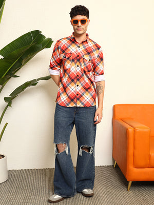 TANDUL Men's Striking Orange and Black Plaid Printed Shaket