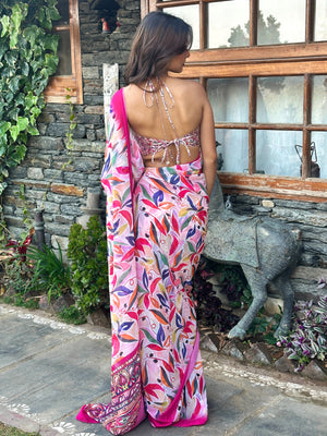ELTIRE Pink Floral Printed Georgette Sari