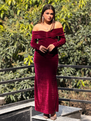TANDUL Women Elengant Off Shoulder Maroon Velvet Dress