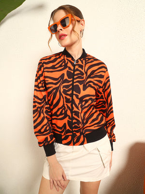 TANDUL Women Striking Orange and Black Zebra Print Jacket