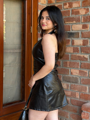 TANDUL Women Stunning Black Leather Dress