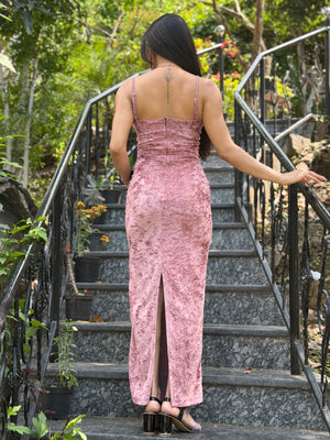 TANDUL Women Exquisite Pink Velvet Back Slit Dress