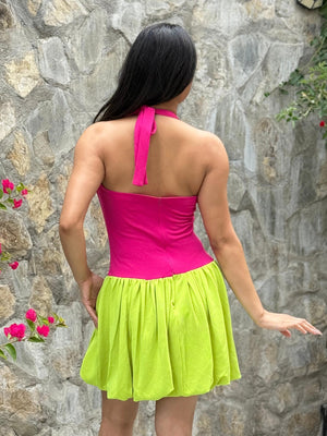 TANDUL Women Vibrant Pink and Green Balloon Dress