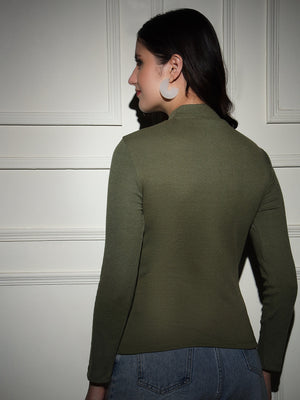 TANDUL  Women Solid High Neck Green Sweater