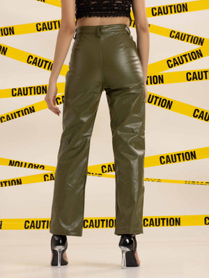 TANDUL Women Regular Fit Olive Green Leather Trousers