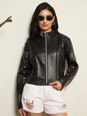 TANDUL Women Sleek Black Leather Jacket