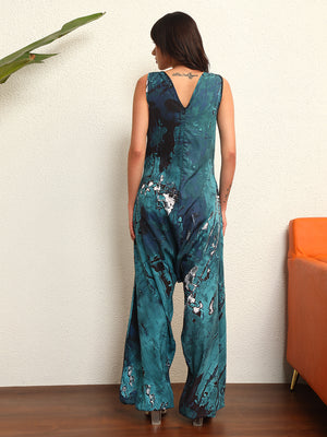 TANDUL Emerald Blue and White Floral jumpsuit