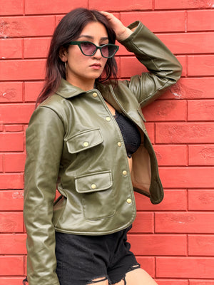 TANDUL Women Olive Green Faux Leather Jacket