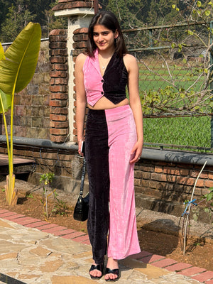 TANDUL Women Pink and Black Velvet Co-ord Set