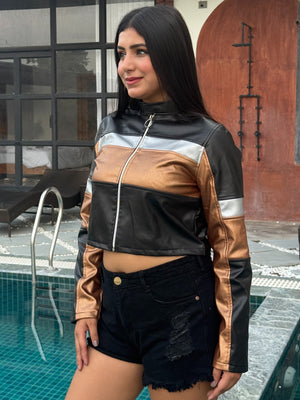 TANDUL Women Stunning Black and Gold Leather Jacket