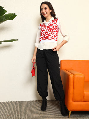 TANDUL Women Charming Red and White Heart Patterned Sweater
