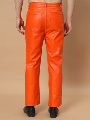 TANDUL  Men Regular Fit Orange Faux Leather Trousers
