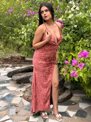TANDUL Women Exquisite Velvet Slit Pink Dress