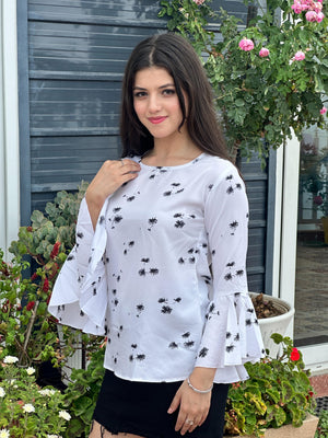 TANDUL Casual Bell Sleeves Printed Women White Top