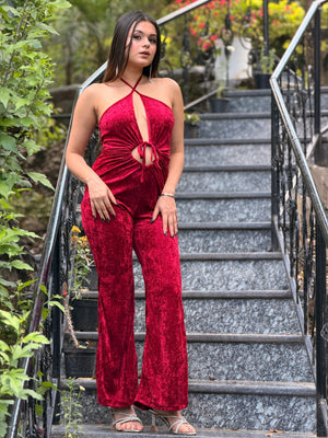 TANDUL Women Elegant Maroon Velvet Jumpsuit